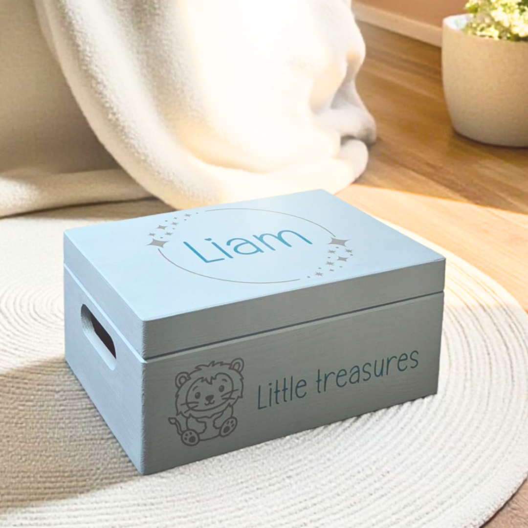 Erinnerungsboxen Baby in Blau und Personalisiert.