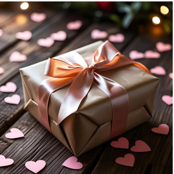 Geschenk gold papier rosa band mit herzen auf holztisch