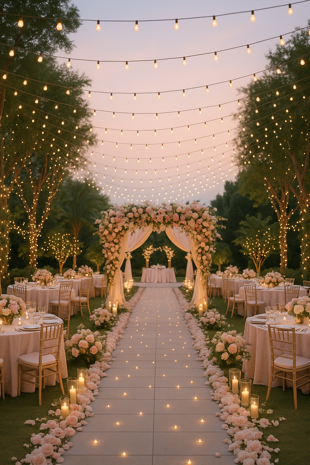 Hochzeitsdeko an Hochzeitslocation mit Rosen und Lichter