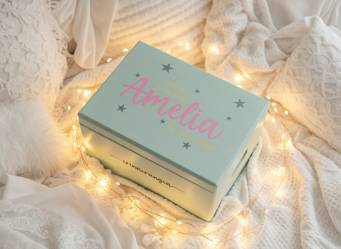 Erinnerungsbox Baby in Grün mit der Aufschrift "Amelia".