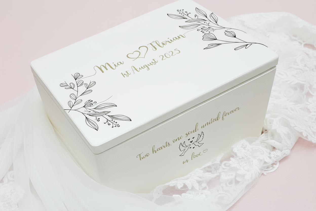 Personalisierte Erinnerungsbox für Hochzeit in Weiss mit goldigen Namen Mia und Florian und grünen Blumen auf weissem Hintergrund