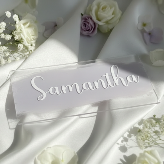 Acryl Namensschilder Hochzeit in Weiss, Lavendel, set, rechteckig.