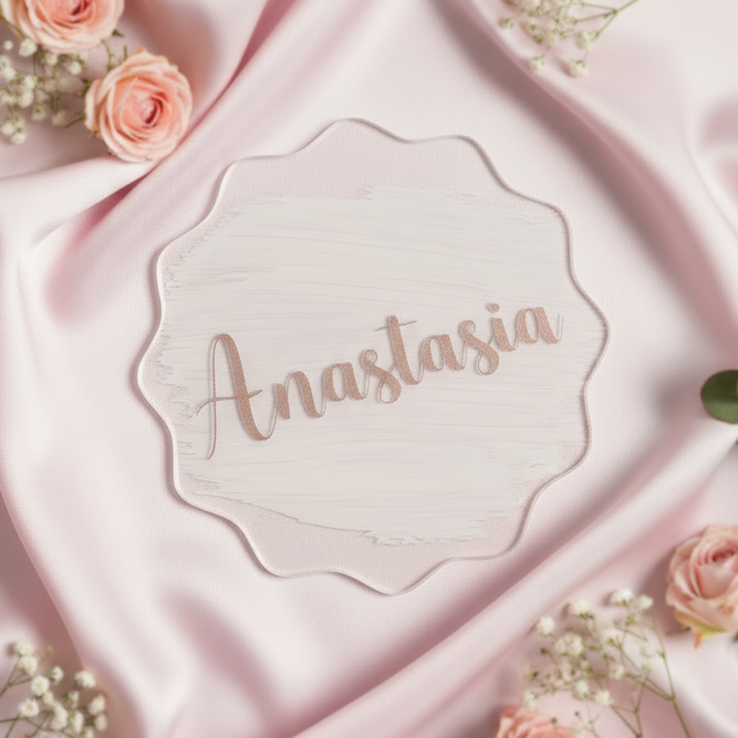 Acryl Namensschilder Hochzeit in Champagner, Weiss, wave.