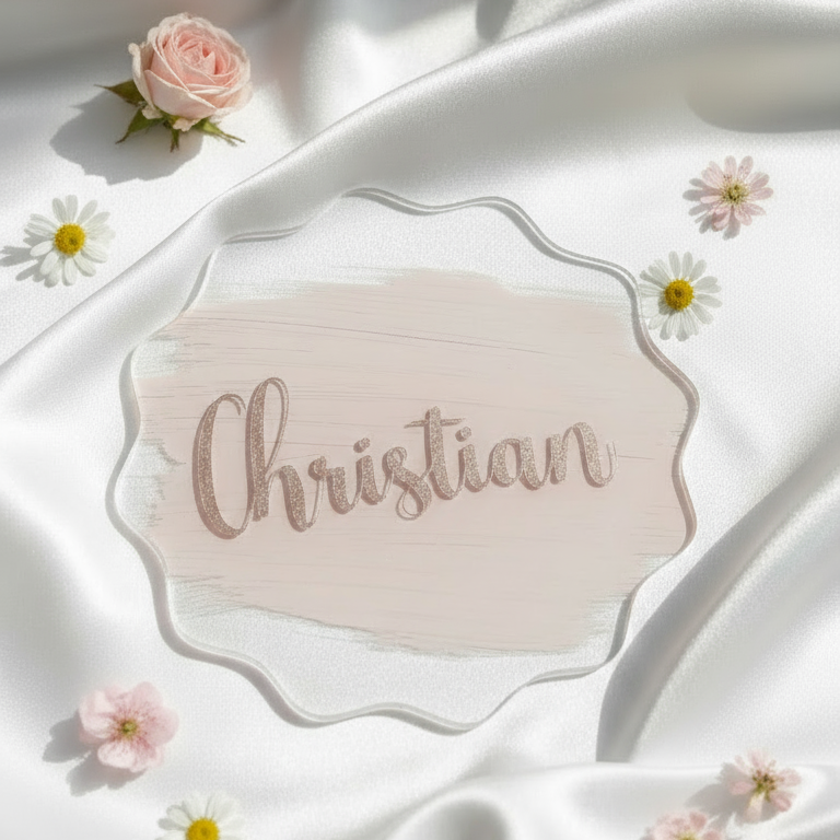 Acryl Namensschilder Hochzeit in Gold,  Rosa mit Blumendetail, wave.